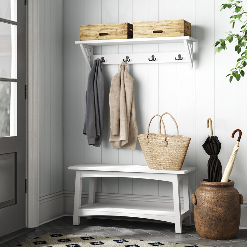 Lund 36" Wide Wall Mount Hall Tree Set With 4 Coat Hooks And A Bench With Shoe Storage, White