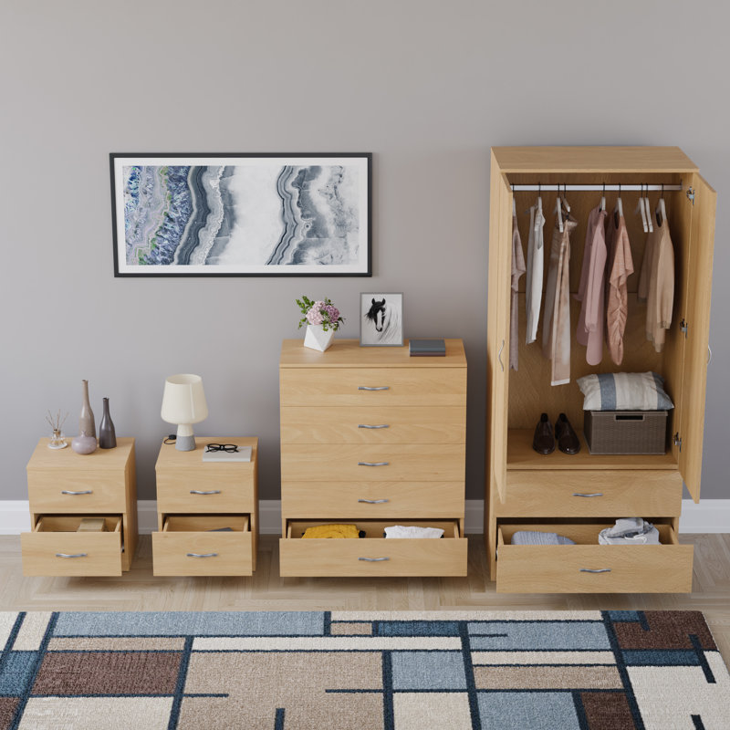Tayce 4 Piece Bedroom Set (2 Drawer Bedside Chest X2, 5 Drawer Chest, 2 Door 2 Drawer Wardrobe, Tan