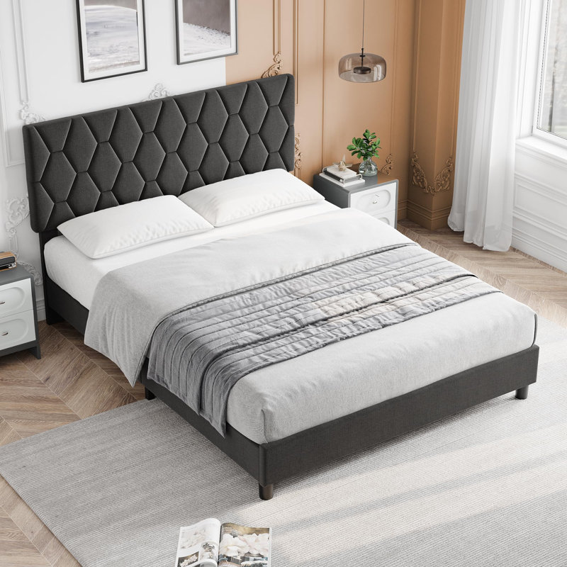 Lit plateforme rembourré avec tête de lit ajustable (taille Queen) - Sommier à lattes en bois robuste, silencieux, sans sommier tapissier, montage facile - Gris
