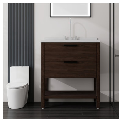 Meuble-lavabo autoportant de 36 pouces avec lavabo, tiroir à fermeture en douceur, plateau et dosseret en marbre de culture de Carrare, fabrication en contreplaqué, finition brune