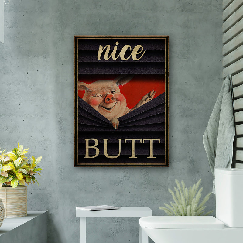 Cochon peeping - jolie toile tendue avec toile tendue - décor d'illustrations de salle de bain et de lessive, noir et rose