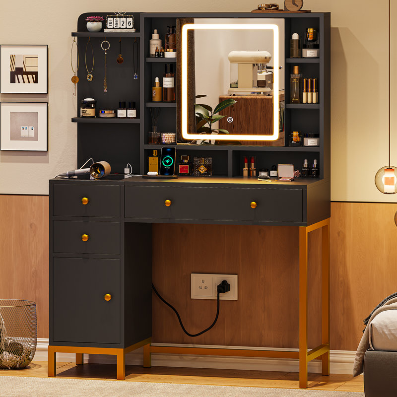 38.6" W Glass Tabletop Makeup Vanity Desk with Display Shelf, Dressing Table with 4 Drawers, LED Lights Mirror and Charging Station, Black