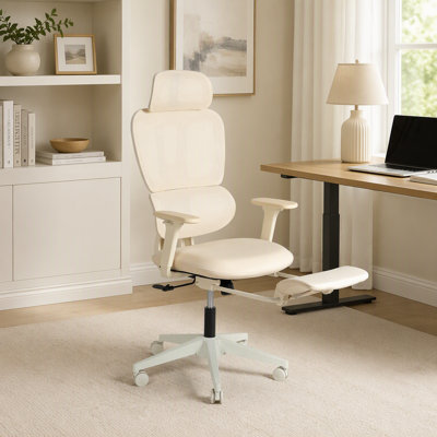Chaise de bureau ergonomique avec repose-pieds, chaise d'ordinateur à haut dossier avec soutien lombaire dynamique, appui-tête en 2 dimensions et accoudoirs 4D, coussin éponge et dossier en filet, chaise de bureau à domicile pour adultes, crème