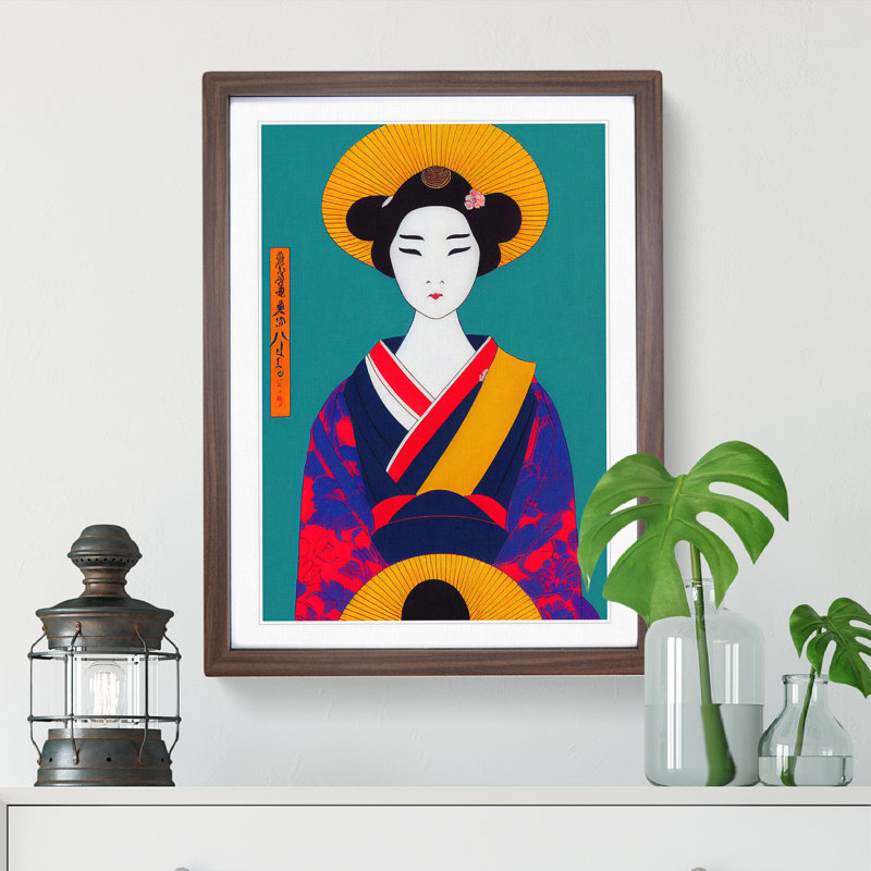 Colourful Geisha No.5 - Single Picture Frame Painting, 46cm H x 34cm W x 2cm D, Walnut