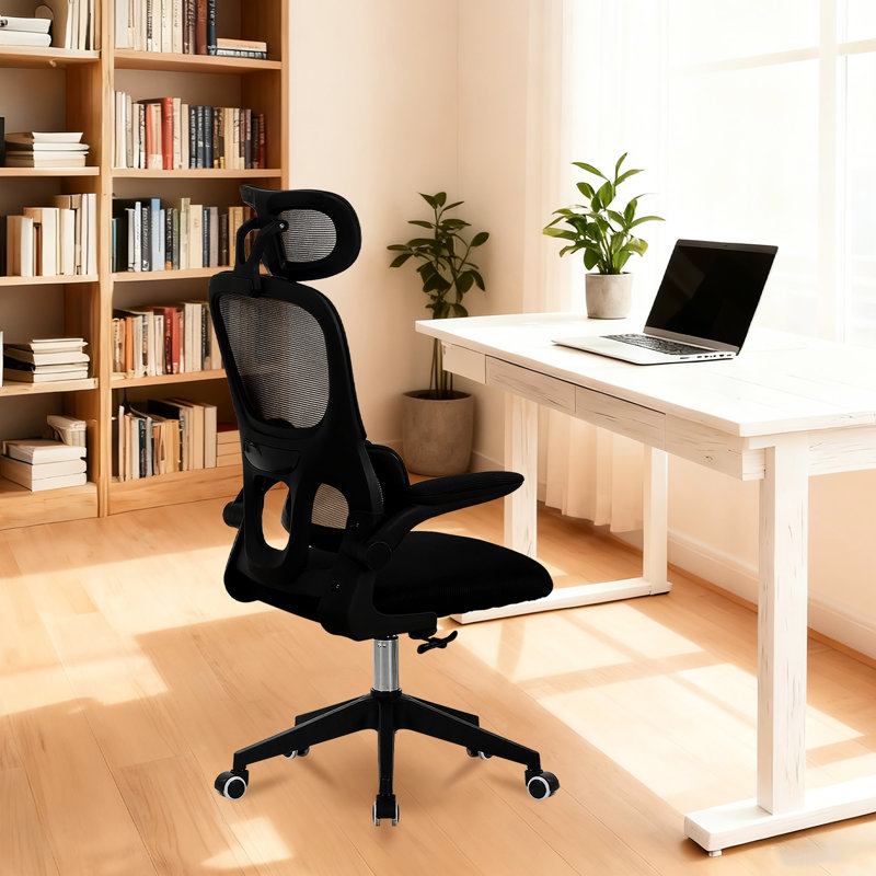 Grand et grand fauteuil de bureau avec roulettes silencieuses, soutien lombaire, coussin de peau pour le bureau personnel, filet ventilé ergonomique extensible noir, structure de dossier solide