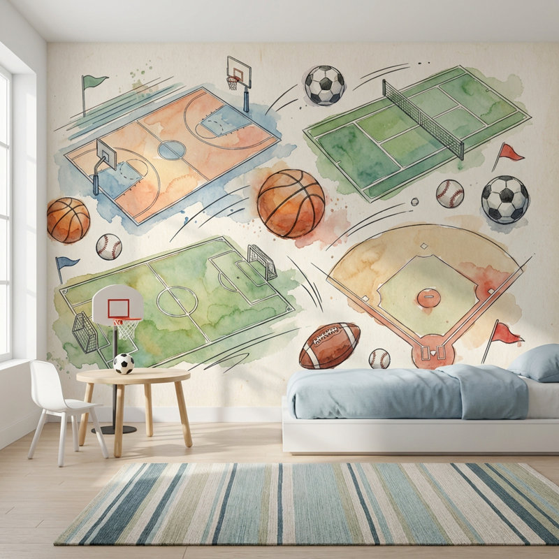 Papier peint sport avec aquarelle abstraite, Peler et coller, 200 po x 120 po
