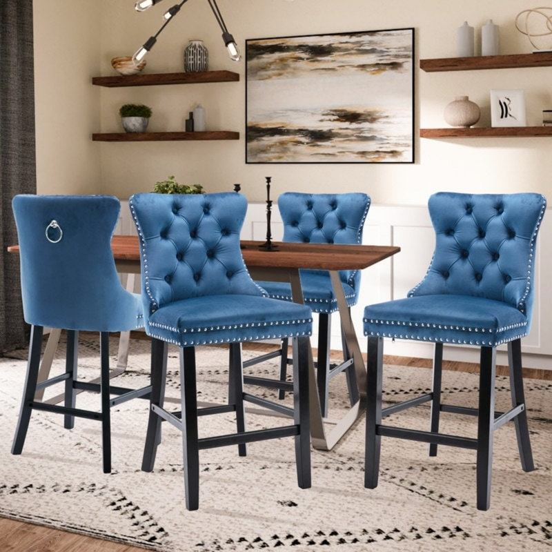 Tabouret de bar rembourré capitonné à oreilles en velours (ensemble de 4), Noir, Bleu