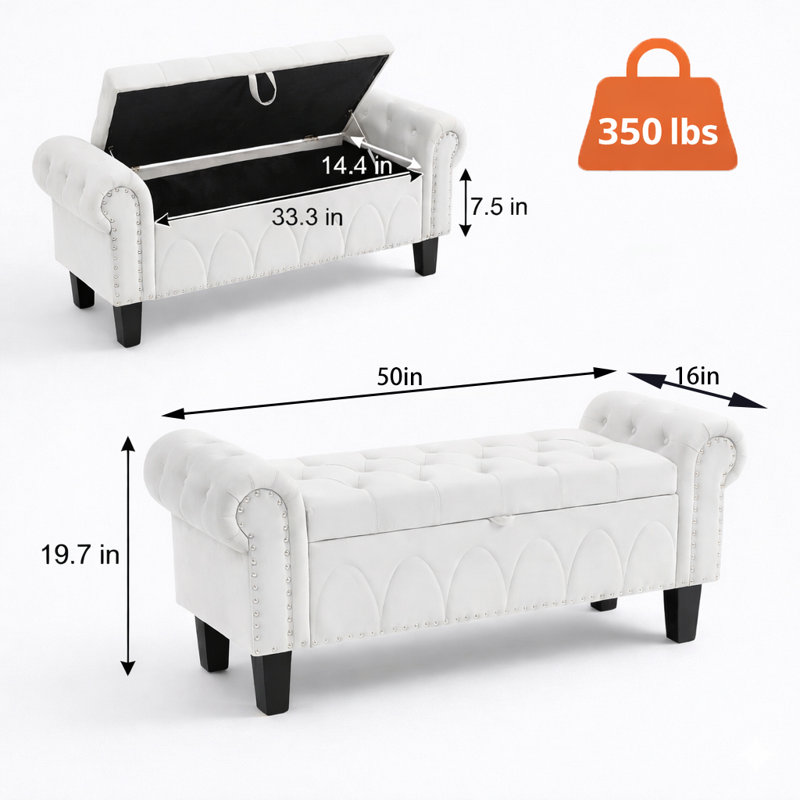 50" Upholstered Storage Bench With Nailhead Trim, White