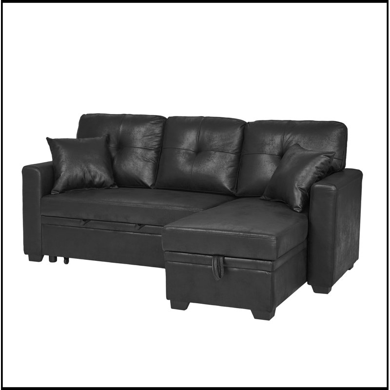 Canapé modulaire en L avec lit escamotable et méridienne de rangement, Noir