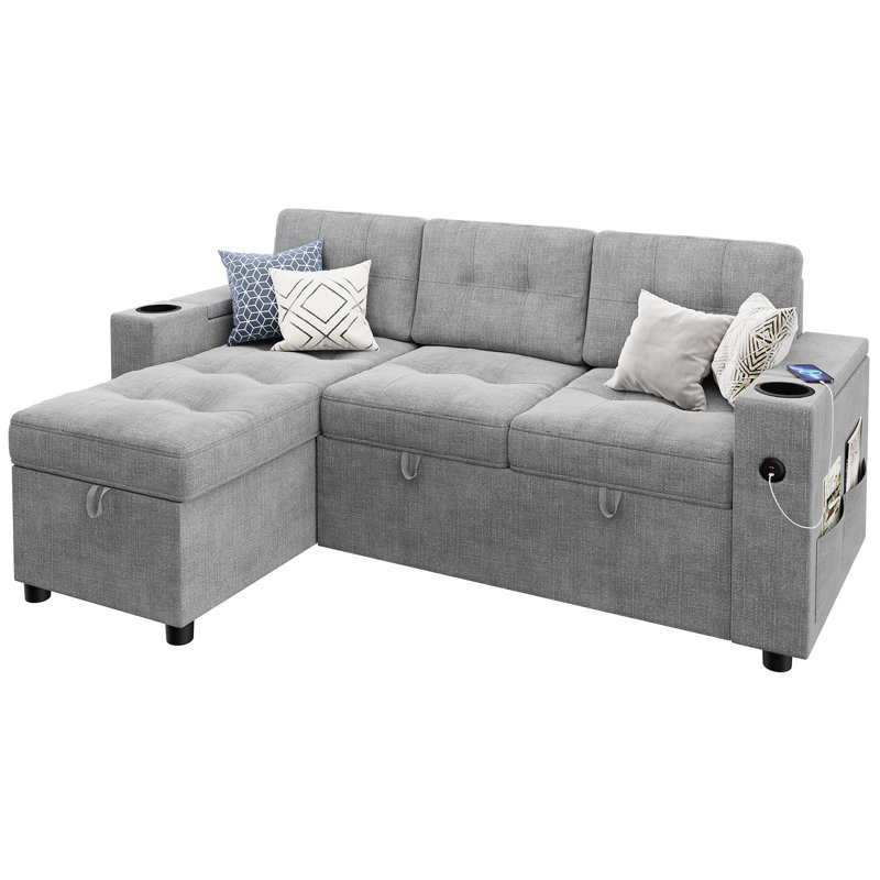 Canapé-lit, canapé-lit de 84 po avec lit escamotable, canapés confortables pour le salon avec 2 ports de chargement et 2 accoudoirs de rangement, 2 porte-gobelets et poches latérales inclus