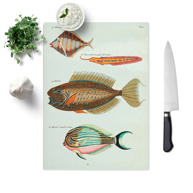 Glass East indies Fish Illustrations Fol. 13 by Louis Renard Chopping Board, 39 cm W x 28.5 cm L
