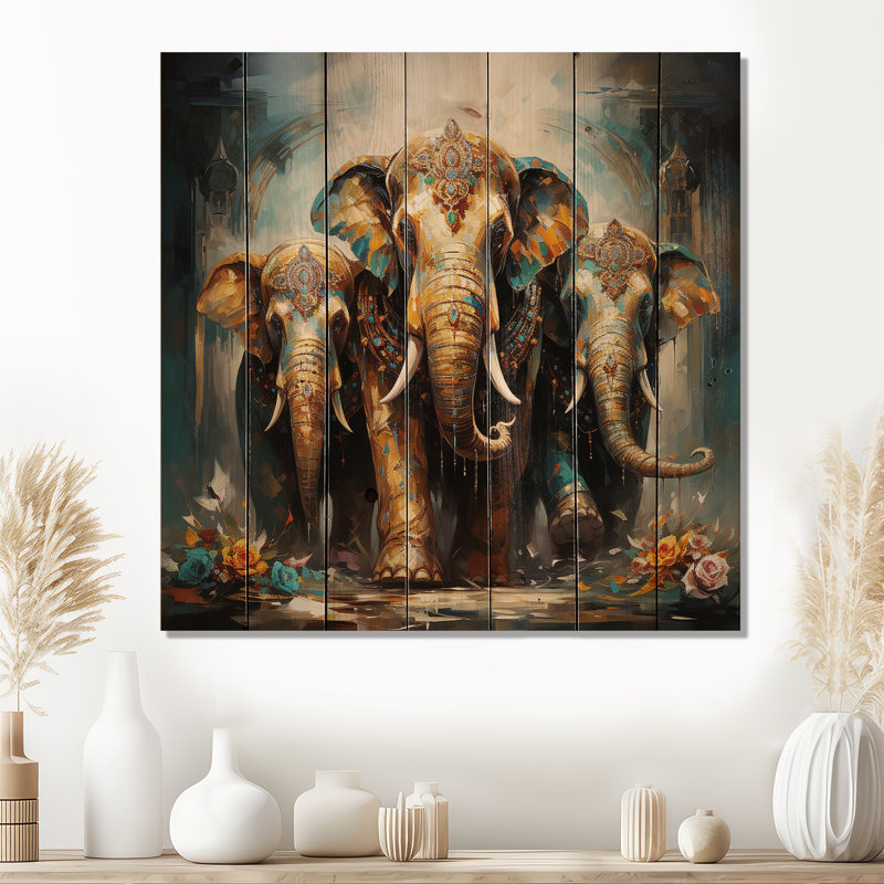 Art asiatique, éléphants thaïlandais X sur bois, H 30 po x l 30 po x P 0,78 po