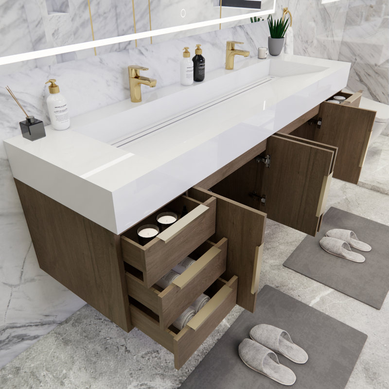 Ensemble de meuble-lavabo double mural 71 po Thomason, Blanc brillant, Chêne clair