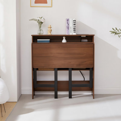 Bureau rabattable pliable avec tablette double couche et prise de courant intégrée, bureau d'ordinateur peu encombrant pour dortoir, chambre à coucher, bureau, salon, table de vestibule avec conception stable et fonctionnalité facile à plier