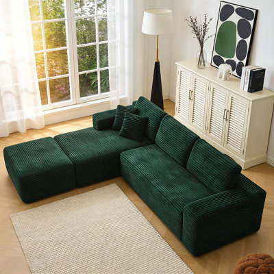 Boneless 106.5" L-shaped Corduroy Upholstered Three-seat Lounge Sofa With Chaise And Ottoman, No Assembly Required
