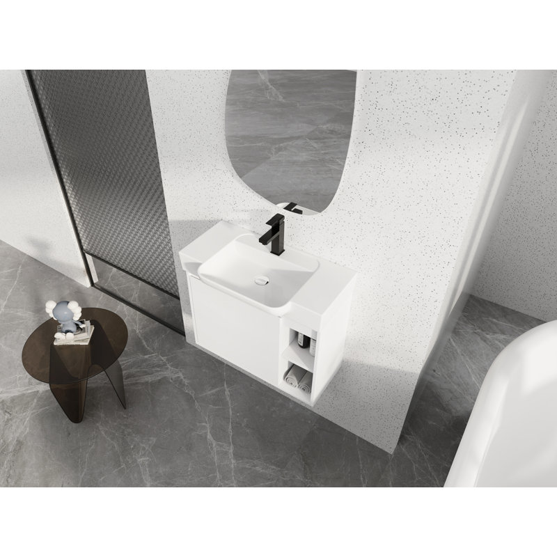 Meuble-lavabo mural de 28 po, armoire flottante blanc brillant avec lavabo en céramique blanche et portes à fermeture en douceur