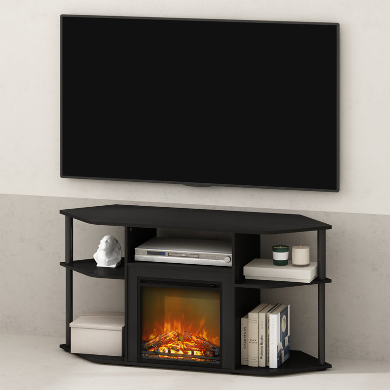 Black Corner Media Console with Decorative Electric Fireplace