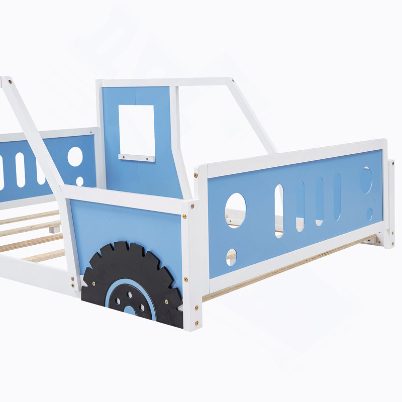 Lit plateforme classique avec roulettes en forme de voiture, Bleu