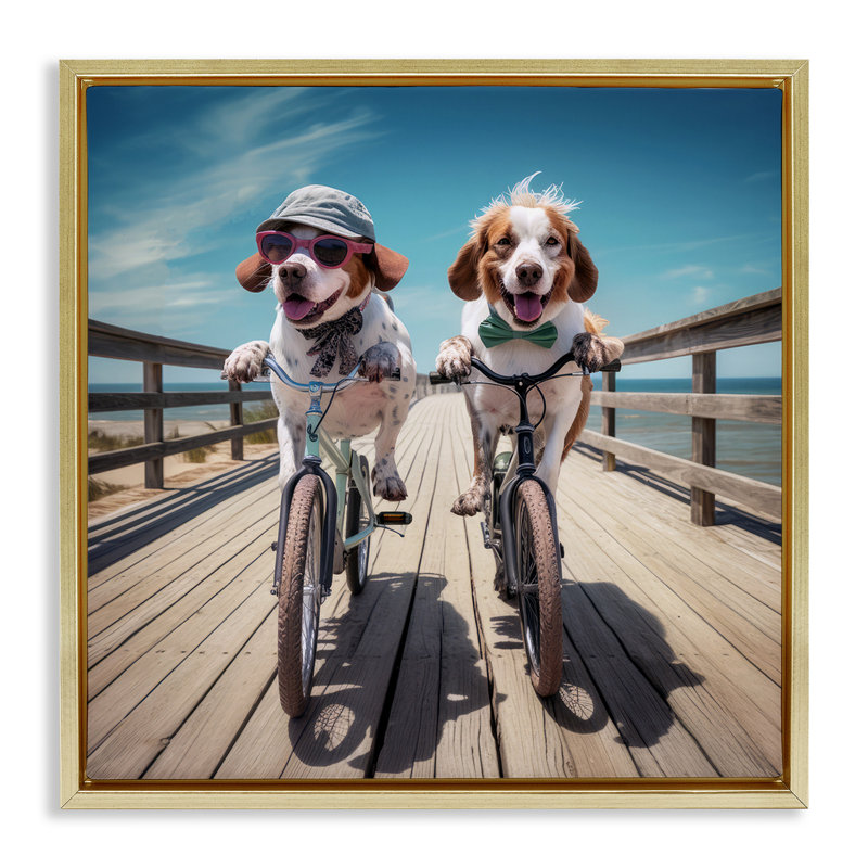 Coastal Bicycle Dogs, Metallic Gold Floater Frame, 25" H x 25" W