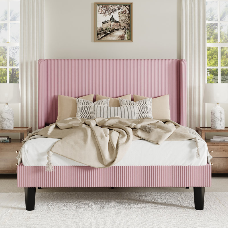 Ribbed Corduroy Platform Bed With Wingback Headboard And Wooden Slats, No Box Spring Needed, Queen, Pink