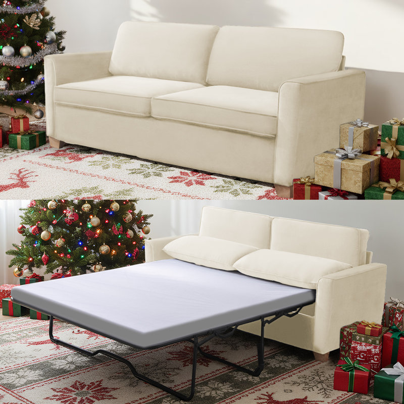 Latitude Run Velvet Queen Pull Out Sleeper Loveseat with Memory Foam Mattress, 30” H x 71” W x 28” D, Beige