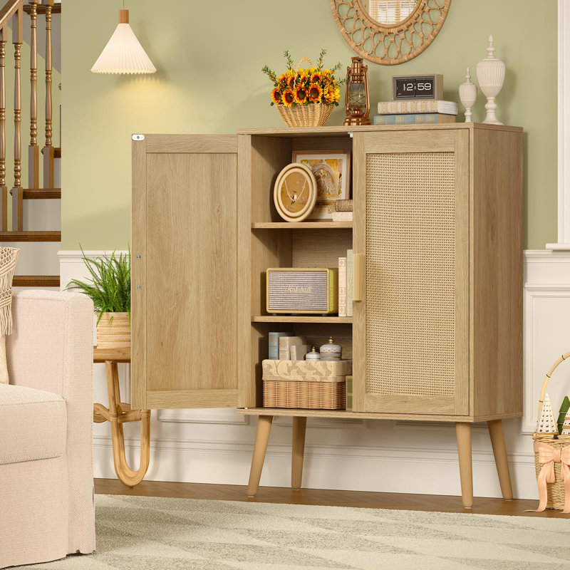 Storage Cabinet with Adjustable Shelf, Rattan Cabinet with 2 Doors