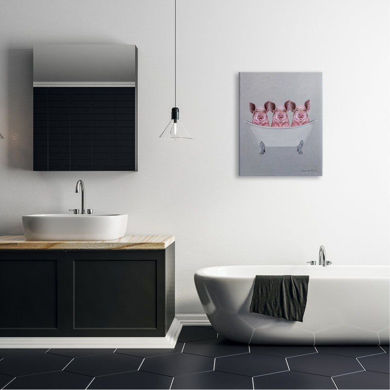 Adorable illustration de trois cochons roses dans une baignoire par Coco de Paris - Peinture, Toile tendue