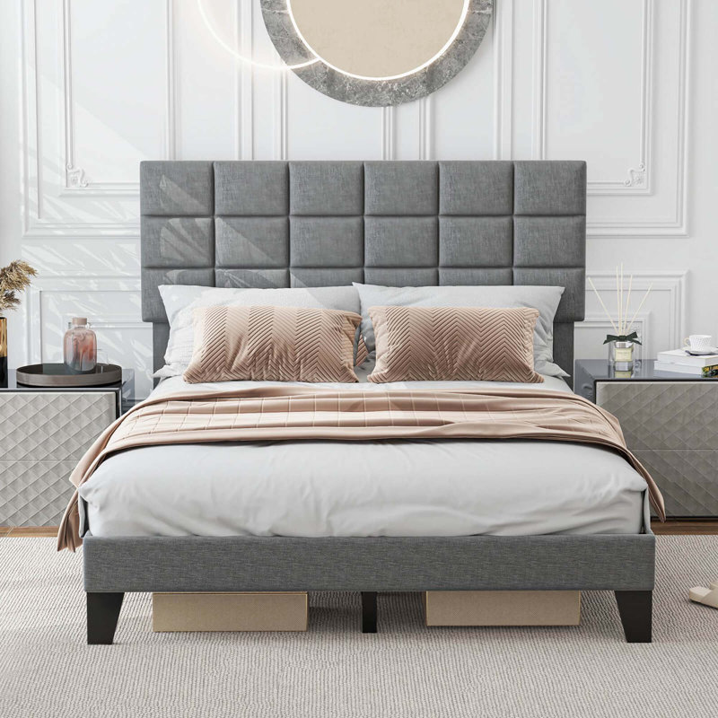 Lit plateforme tapissier avec tête de lit, Grand lit
