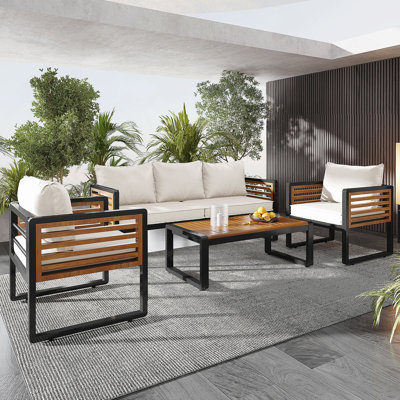 Ensemble de conversation pour grand canapé 4 pièces pour 5 personnes, ensemble de canapé de jardin avec coussin amovible, ensemble de canapé à structure en métal et bois, coussins épais, plateau de table en bois d'acacia, beige