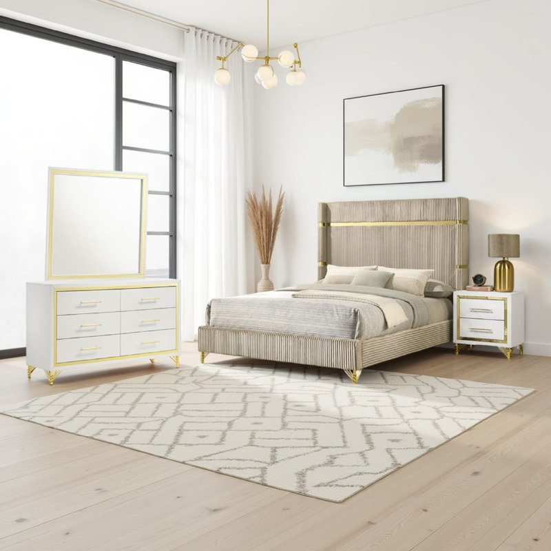 Ensemble de chambre à coucher 4 pièces Jenny, Grand lit, Blanc / Beige / Or