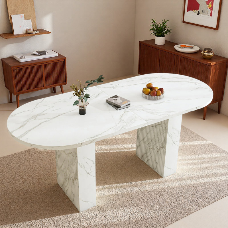 Table de salle à manger ovale avec plateau en marbre et base robuste, Marbre blanc