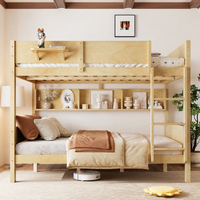 Queen over Queen Solid Wood Bunk Bed with Convenient Tray, Storage Shelves and Upgraded Slats