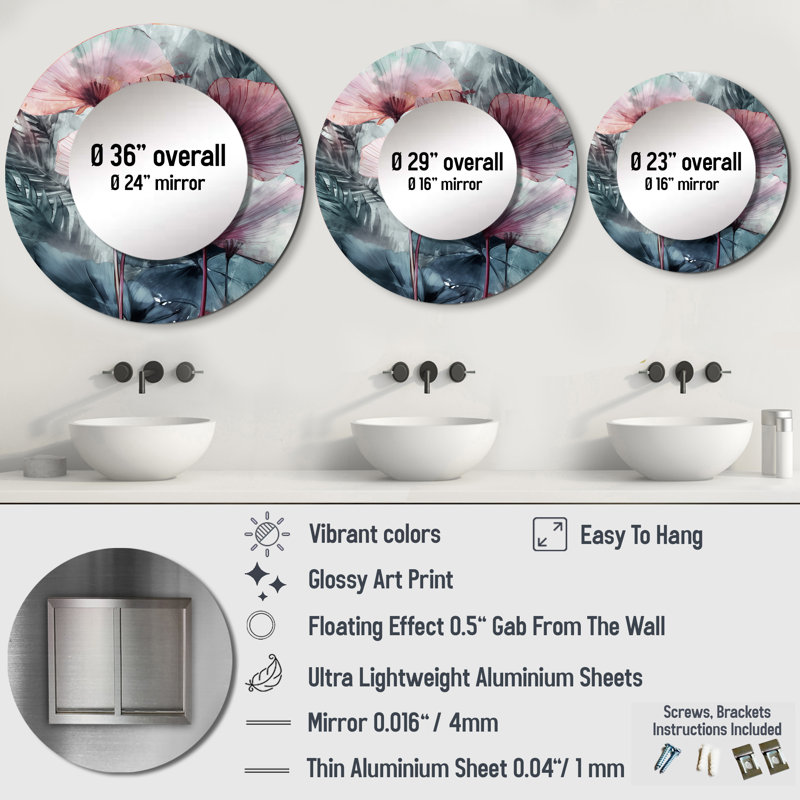 Piotras Ginkgo Leaves Tropical II - Leaves Decorative Mirror, Traditional Large Round Wall Mirror, Printed Metal Art