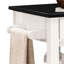 Dessus en bois noir et chariot de cuisine blanc avec 1 porte de rangement, un tiroir, 2 tablettes ouvertes, un porte-verres à pied, un crochet à serviettes à roulettes et une surface de rangement, une porte, un support