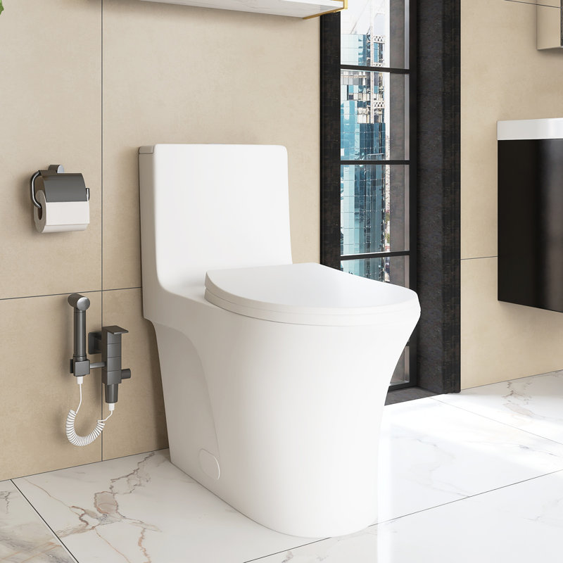 Toilette allongée monopièce à double chasse (siège inclus)