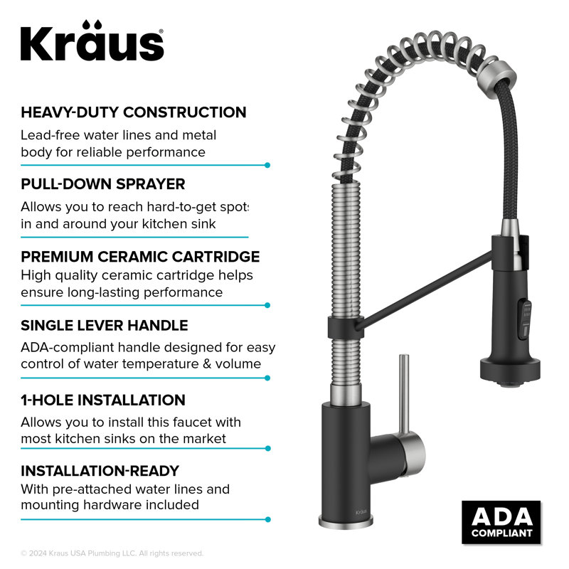 KRAUS Bolden Commercial Style 2-Function Single Handle Pull Down Kitchen Faucet, Spot Free Stainless Steel/Matte Black