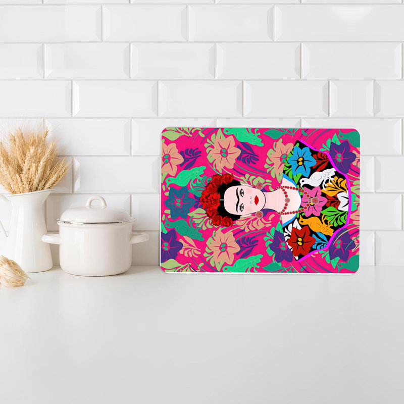 Élégante planche à découper en verre à motif floral et perroquet avec illustration abstraite de fleurs vibrantes pour une expérience de cuisine unique