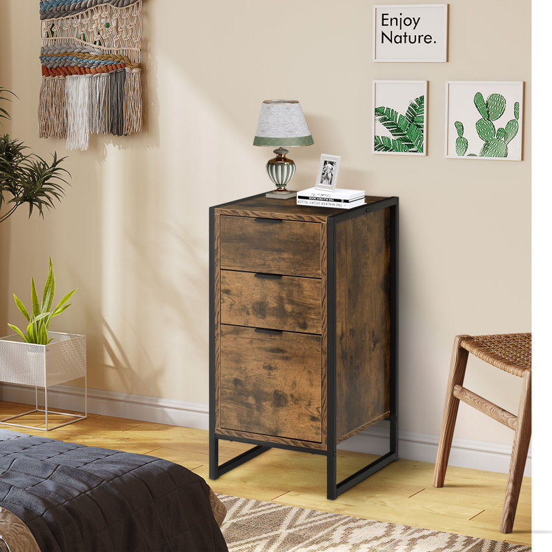 Collegiate Industrial 3-Drawer Bedroom Chest of Drawers with Metal Frame, Brown