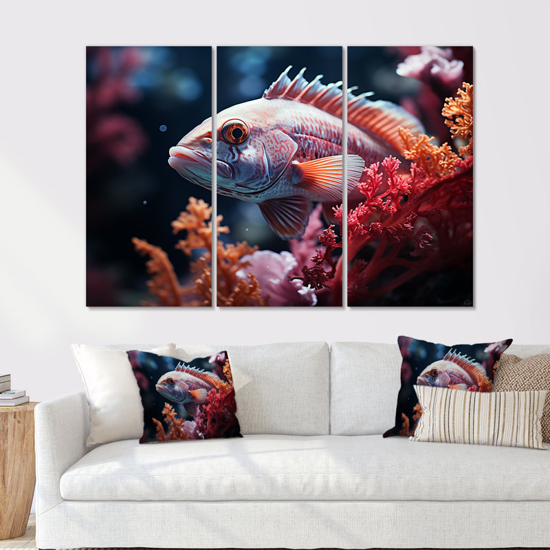 Purple Fish Dance In Coral I - Coastal Coral Under Water Wall Decor Set, 40" H x 60" W