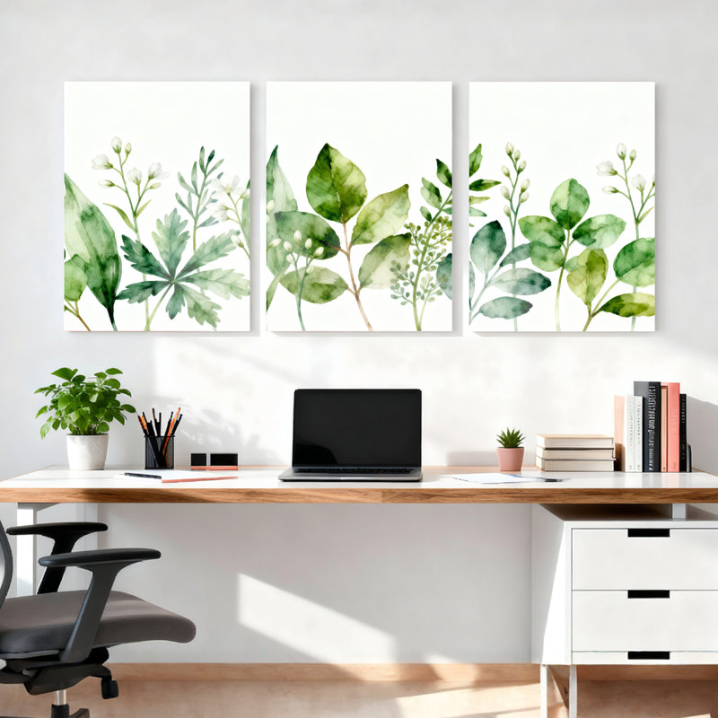 «Watercolor Green Leaves and Herbs», art mural tendu sur toile, ensemble botanique (ensemble de 3), H 24 po x l 48 po
