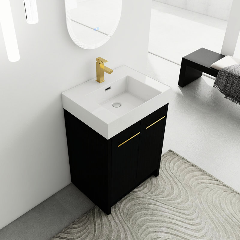 Meuble-lavabo moderne de 24 po avec lavabo en résine, porte à fermeture en douceur, châtaignier noir, - finition, charnières de rangement spacieuses, concept de design luxueux, spacieux