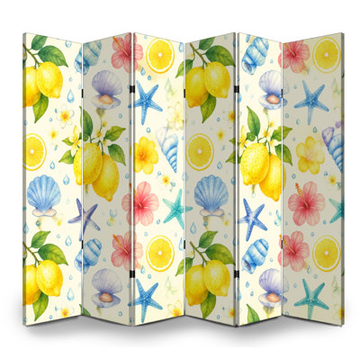 6 panneaux paravents pliables cloisons royales, coquillages, étoiles de mer, fleurs tropicales, toile, écran, séparateur, cloison de protection autoportante, cloison d'intimité pour salle de bain