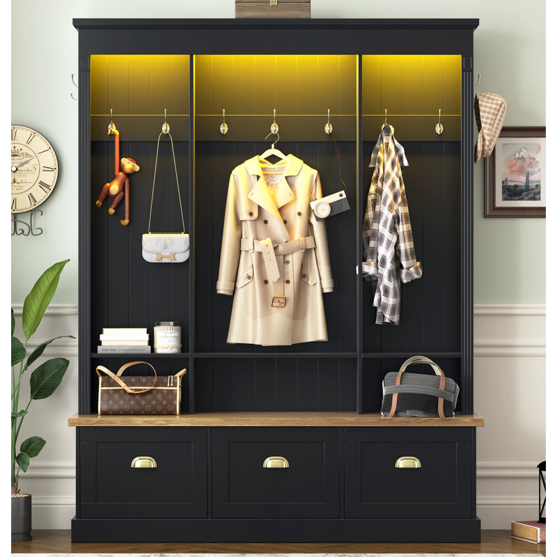 Elegant APP Controlled LED Light Hall Tree with 9 Hooks, Roman Column Design Natural Storage Bench with 3 Large Cabinets, Farmhouse Entryway Organizer with Shelves for Hallway, Black
