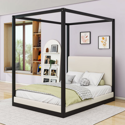 Queen Wood Canopy Bed with Upholstered Headboard