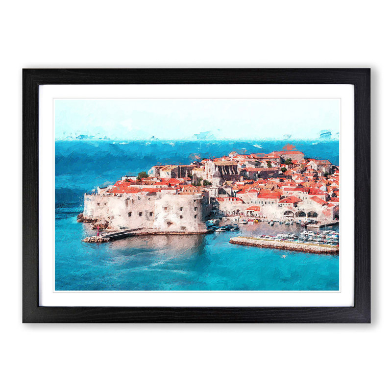 Ancient City Walls Of Dubrovnik In Croatia - Single Picture Frame Painting, 45cm H x 63cm W x 2cm D, Black Framed