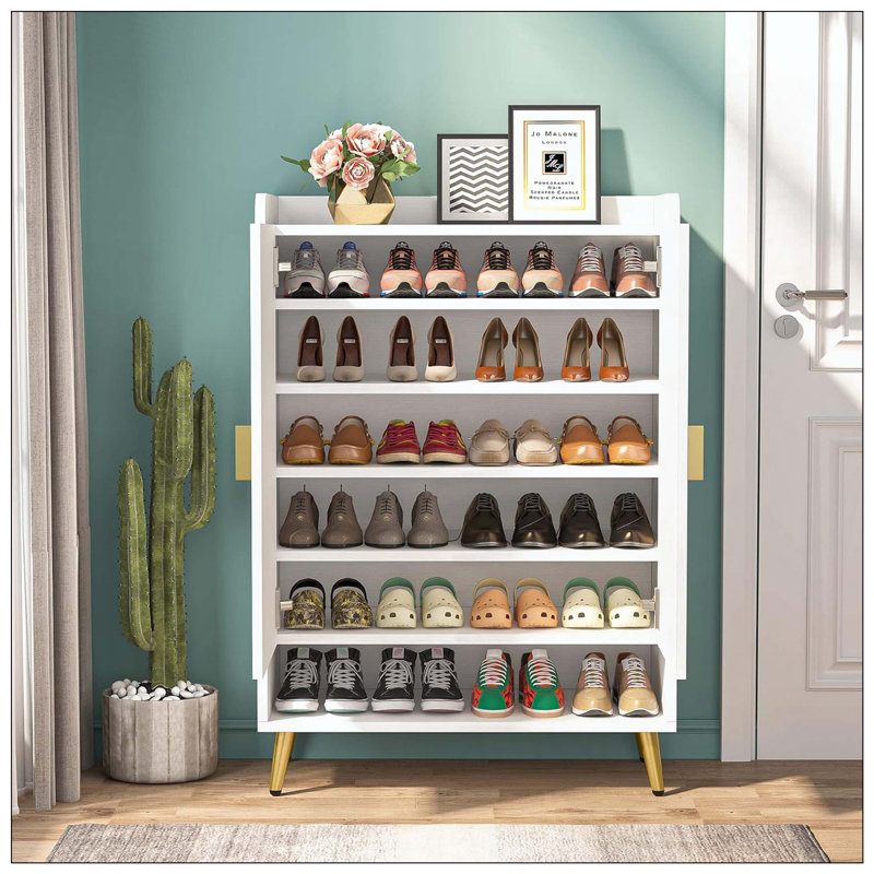 Range-chaussures avec tablettes réglables et portes, Blanc / Doré