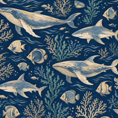 Peel and Stick Wallpaper Marine Life Whales Sharks Fish Coral Dark Blue Wall Mural 17.7"W x 118"H Self Adhesive Removable Wall Paper Renter Friendly Wallpaper for Nursery Bedroom Cabinets