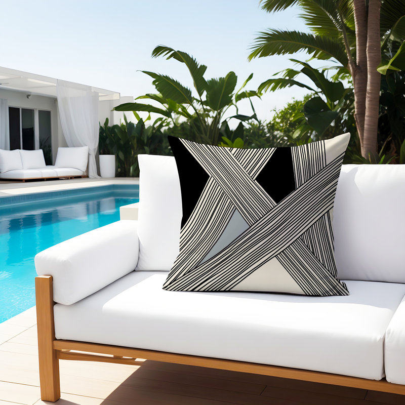 Cassie Abstract Outdoor Reversible Throw Pillow, 15"H x 15"W, Gray/Cream/Black