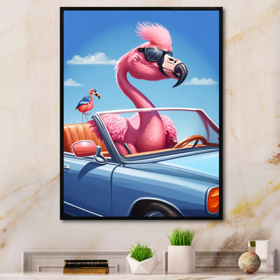 Amingo rose portant des lunettes de soleil dans une voiture de sport - animaux, art mural salon Amingo