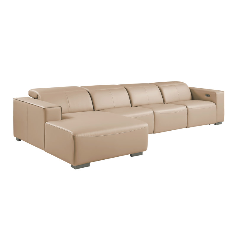 Canapé modulaire en L 4 pièces en cuir véritable BEIGE faisant face à la gauche avec 1 fauteuil inclinable électrique et appuis-tête réglables
